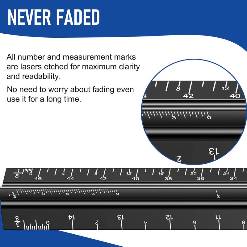 DAGONGREN Architectural Scale Ruler for Blueprint, 12'' Metric Metal Engineers Triangle Drafting Ruler with Imperial Measurements for Architects Engineering, Artists, Draftsman Drawing, Laser-Etched Markings - Image 4